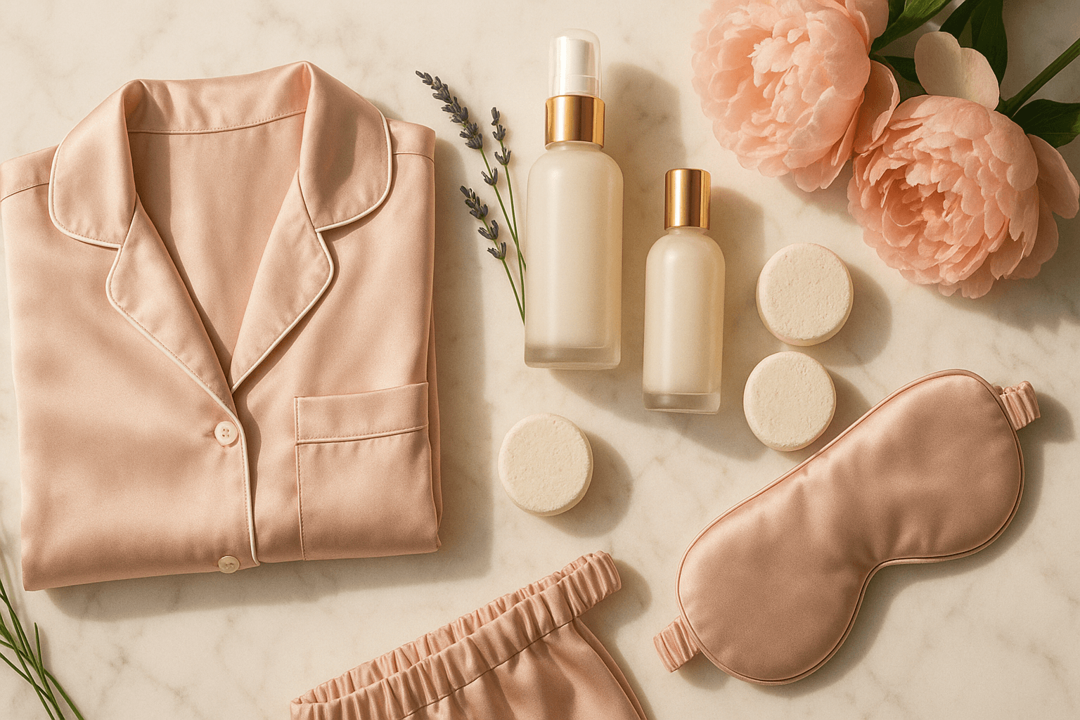 Mother's Day self-care gifts including skincare, shower steamers, satin pajamas, and fresh flowers
