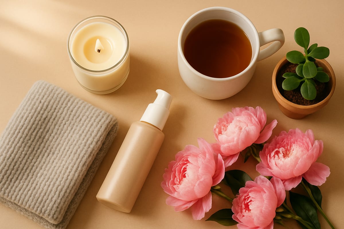Thoughtful gifts for mom with a candle, tea, plant and soft throw