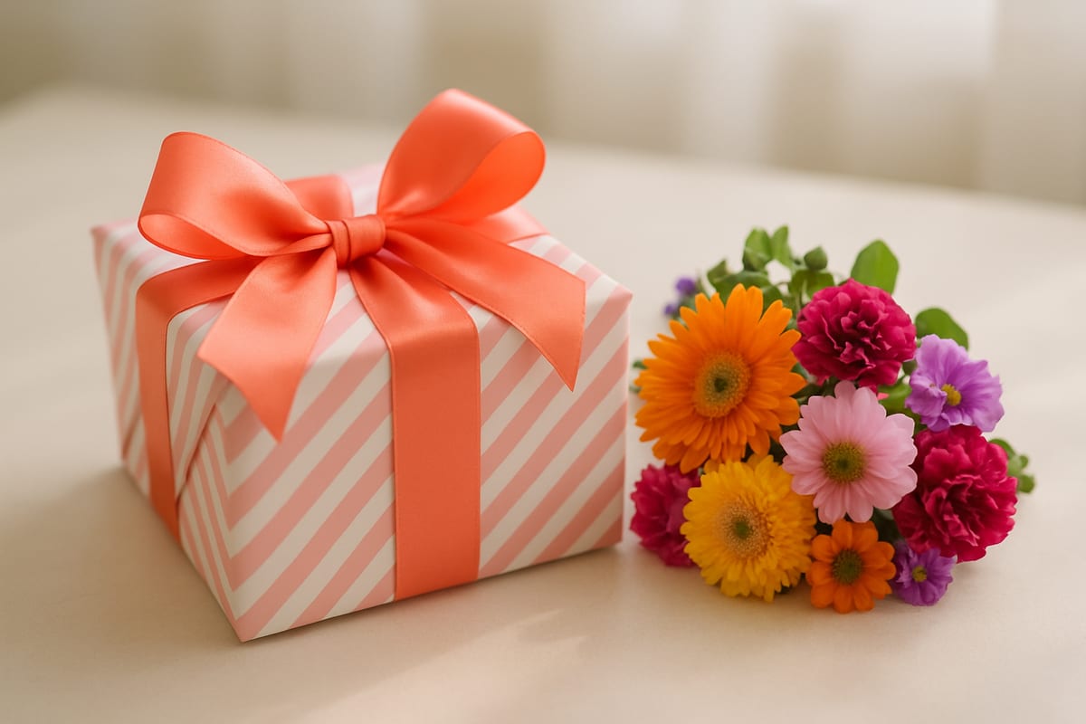 A cheerful gift for a sister wrapped with a bright ribbon