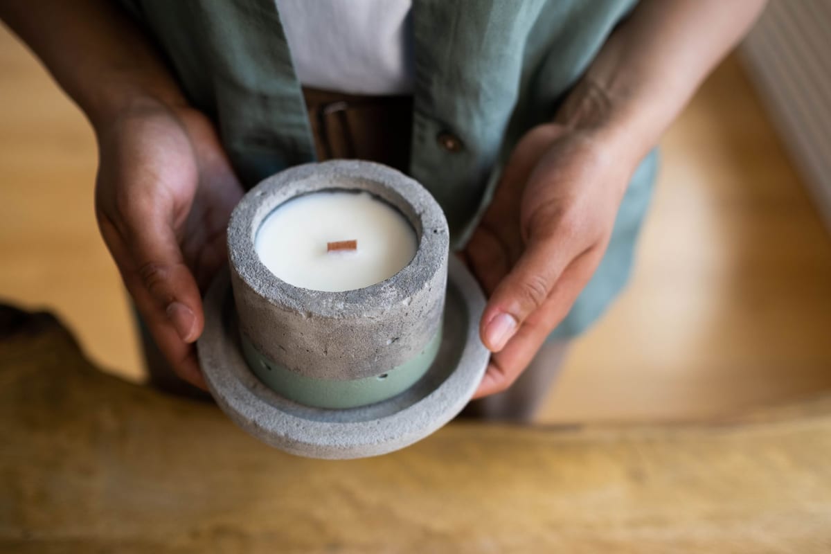 A cozy housewarming gift with a candle, plant and throw blanket