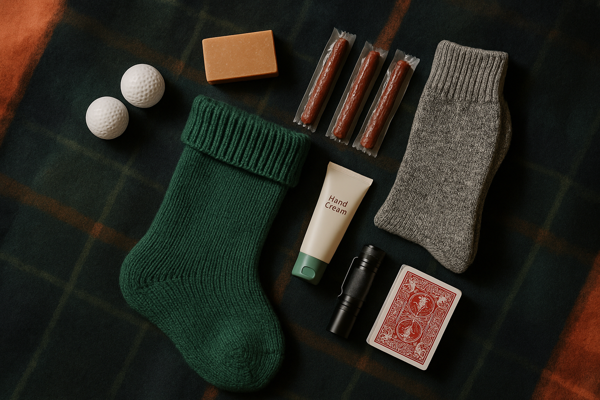 Practical stocking stuffers for dad including golf balls, soap, socks and playing cards on a plaid blanket