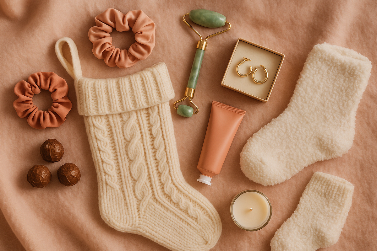 Elegant small stocking stuffer gifts for her around a cream Christmas stocking