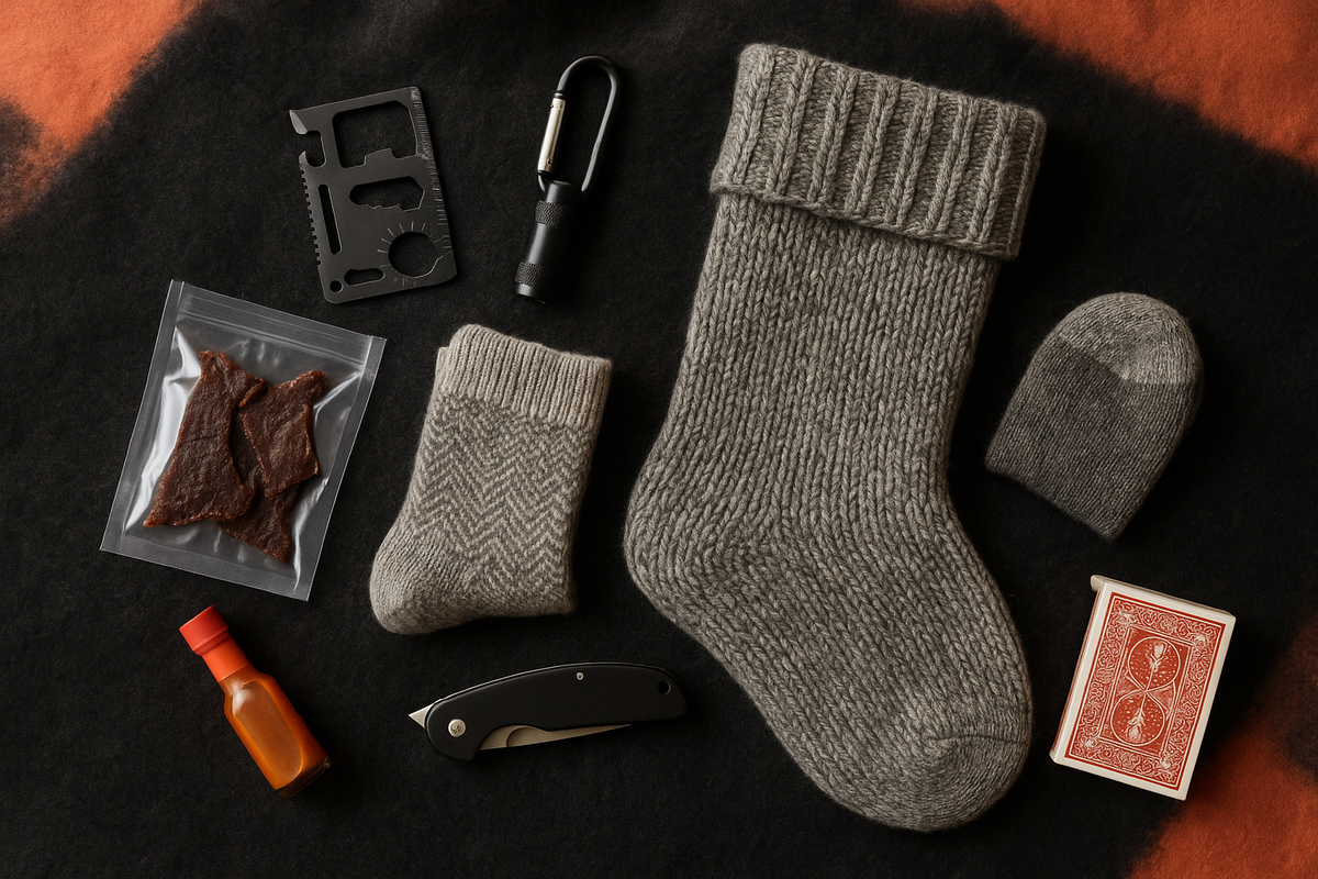 Practical small stocking stuffer gifts for him around a gray Christmas stocking