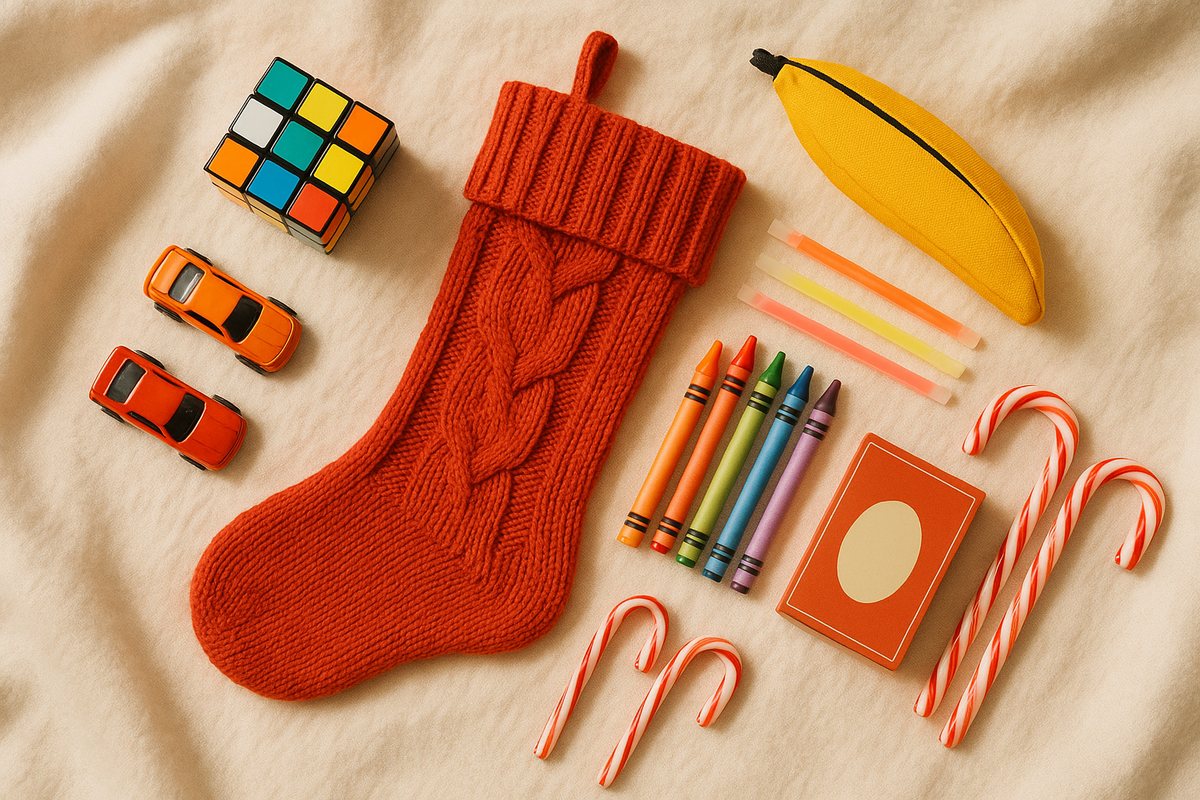 Kids stocking stuffers including a puzzle cube, toy cars, crayons and games around a red stocking