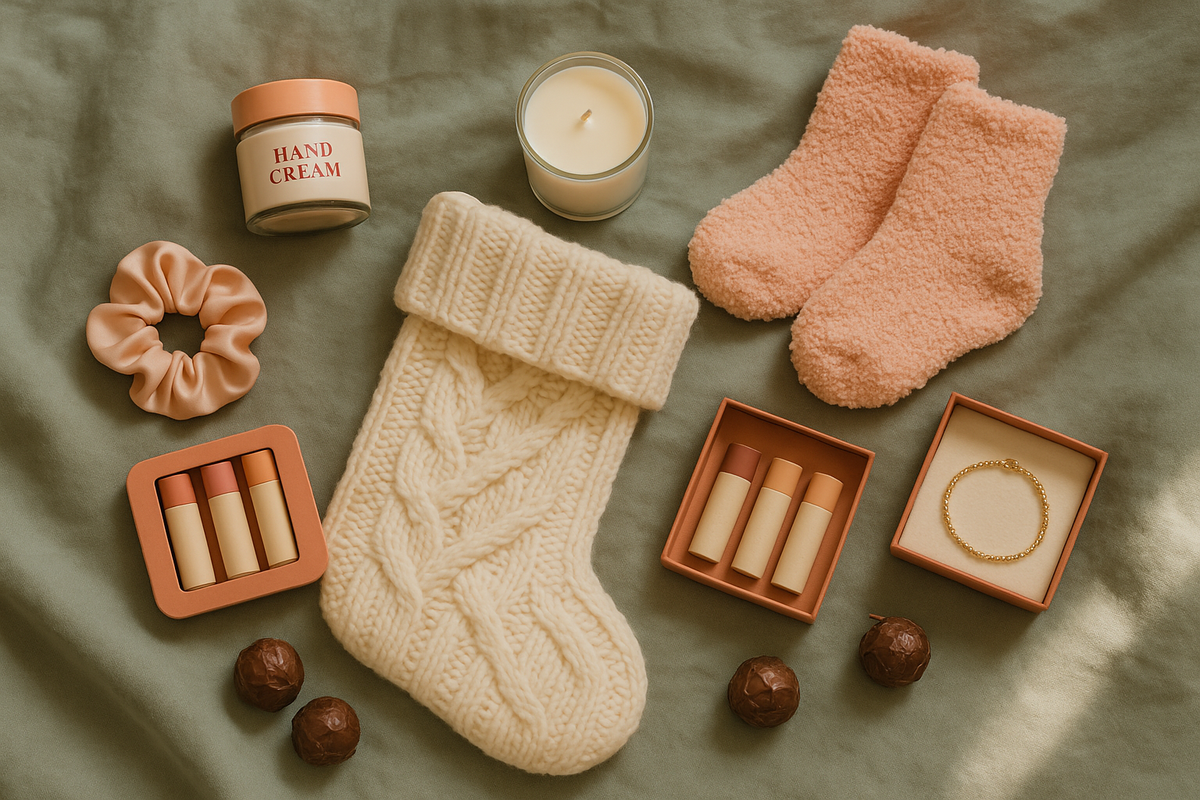 Comforting stocking stuffers for mom including hand cream, a candle and cozy socks around a cream stocking