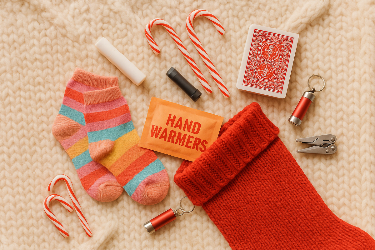 Small inexpensive stocking stuffer gifts spilling from a red Christmas stocking