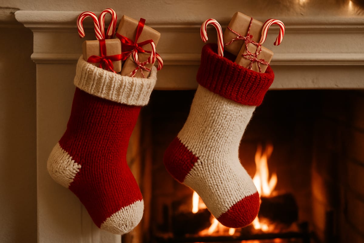Christmas stockings filled with small wrapped gifts