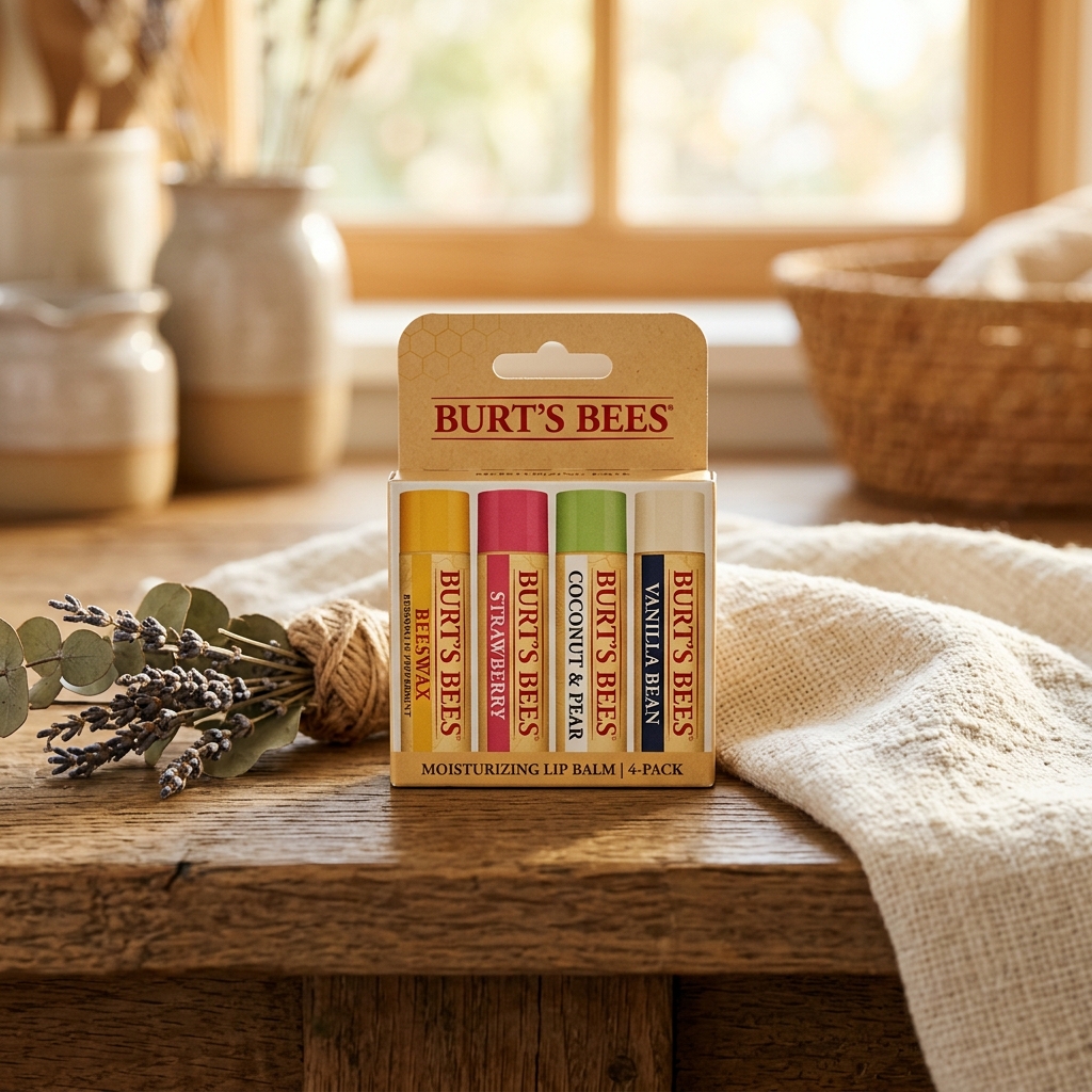 Burt's Bees Lip Balm 4-Pack (Beeswax, Strawberry, Coconut & Pear, Vanilla Bean)