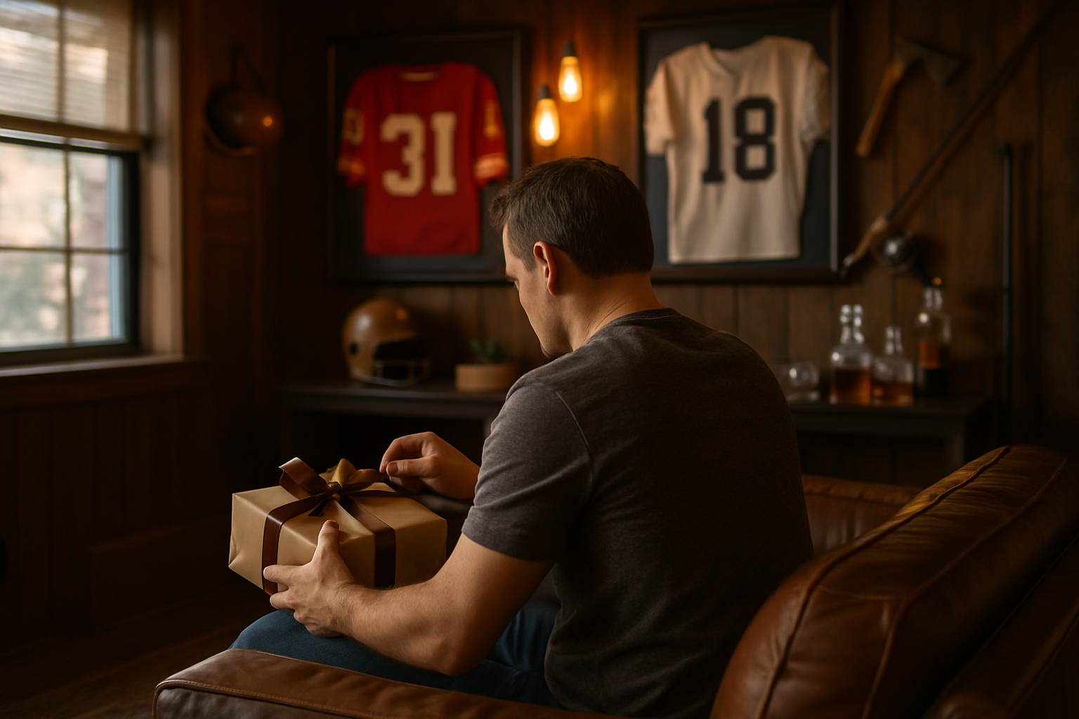 Father unwrapping a gift in his man cave