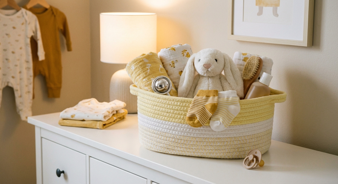 Baby shower gift basket with swaddle, toys, and accessories