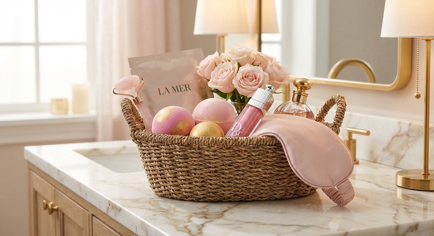 Beauty and self-care gift basket with skincare, bath, and wellness items