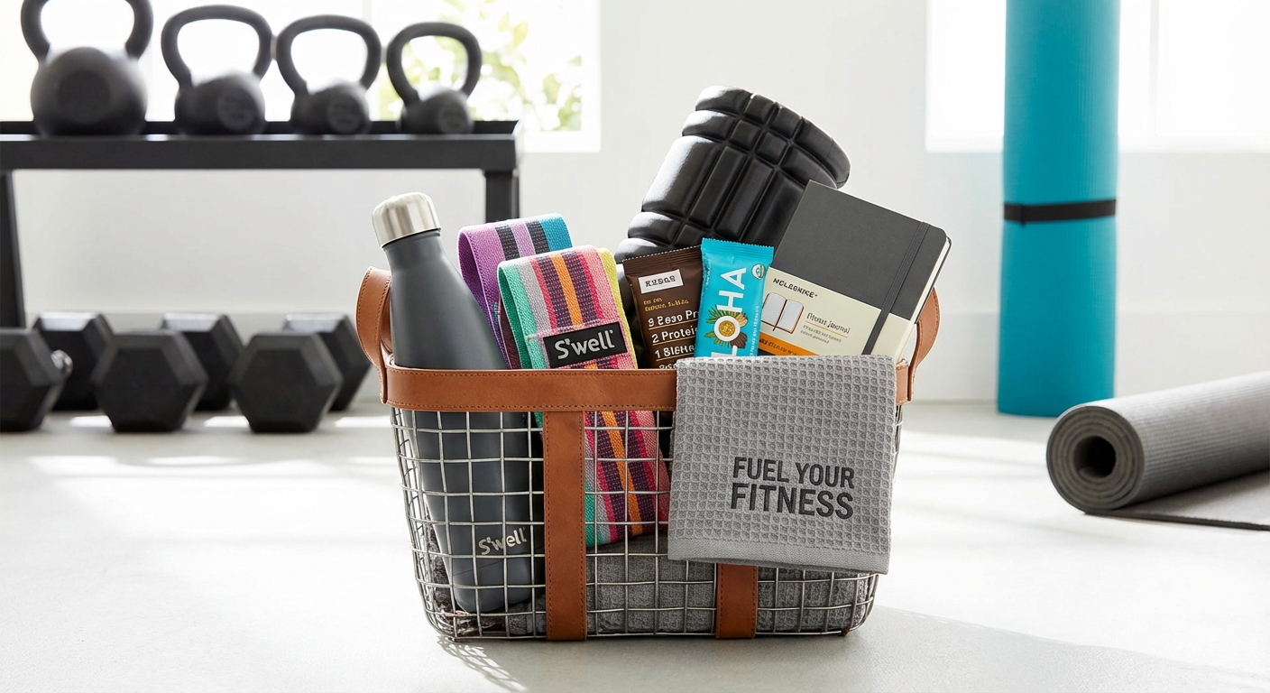 Fitness and wellness gift basket with workout gear and supplements