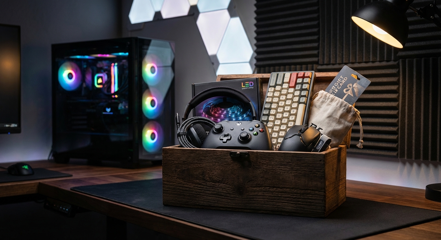 Gaming gift basket with controller, headset, and accessories