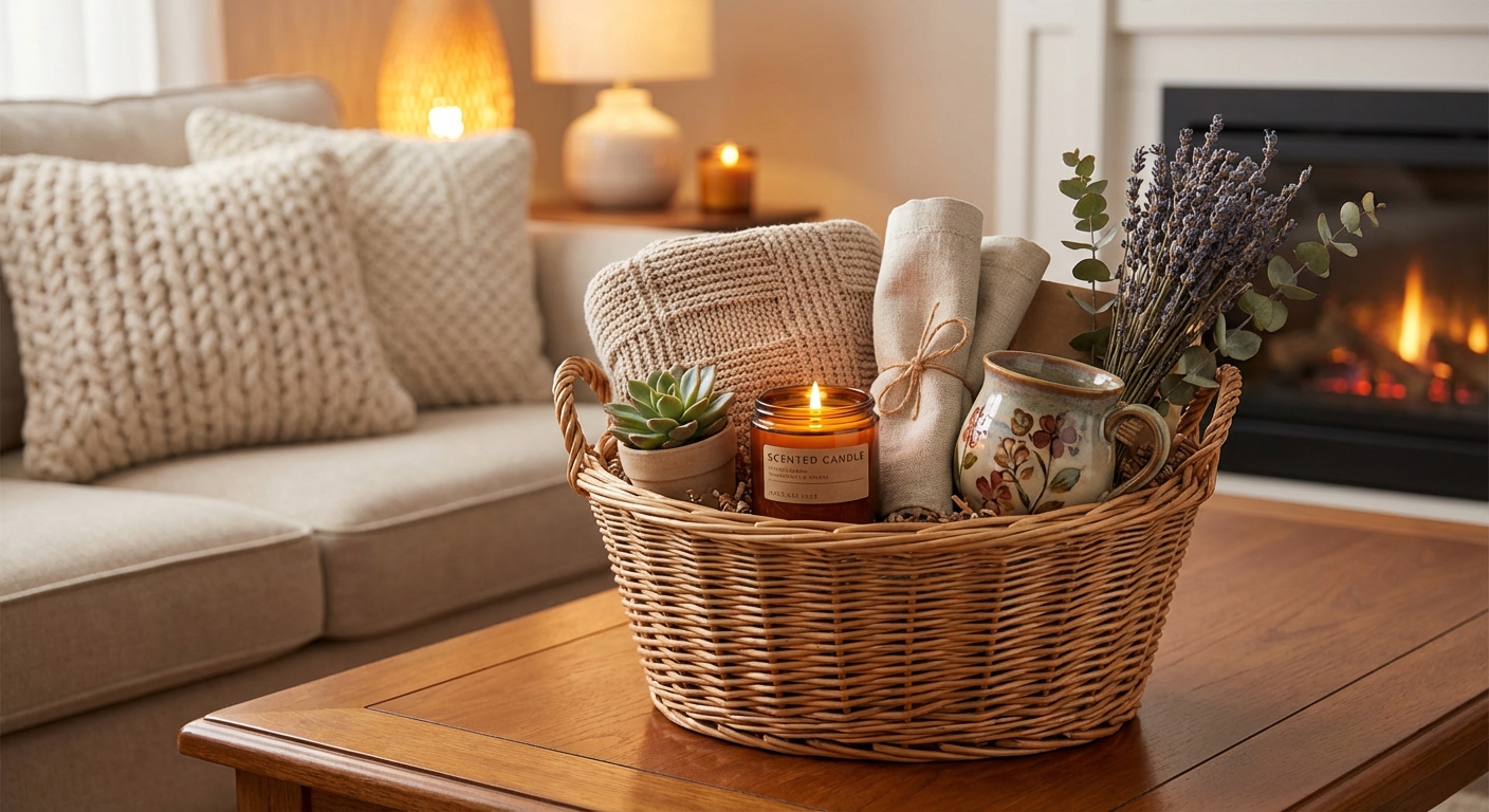 Home and decor gift basket with candles, throws, and cozy items