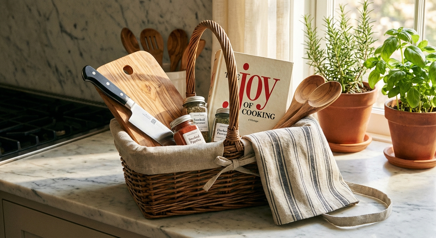 Kitchen and cooking gift basket with utensils and gourmet items