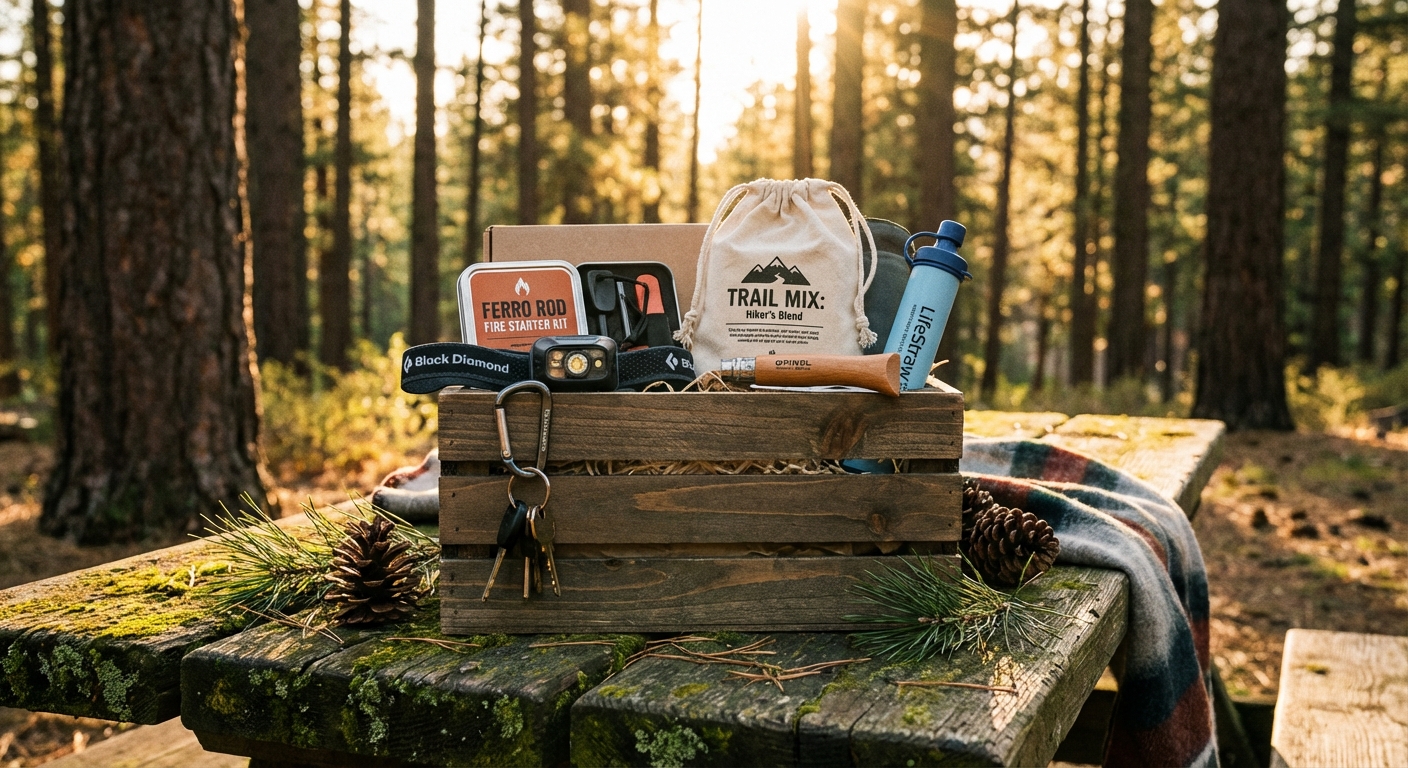 Outdoors and camping gift basket with gear for hiking and adventure