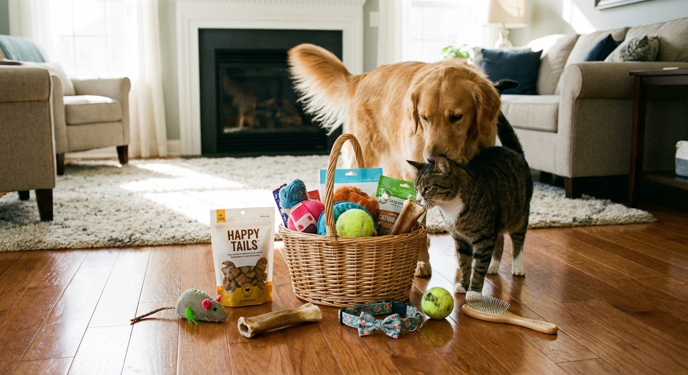 Pets gift basket with toys, treats, and accessories for dogs and cats