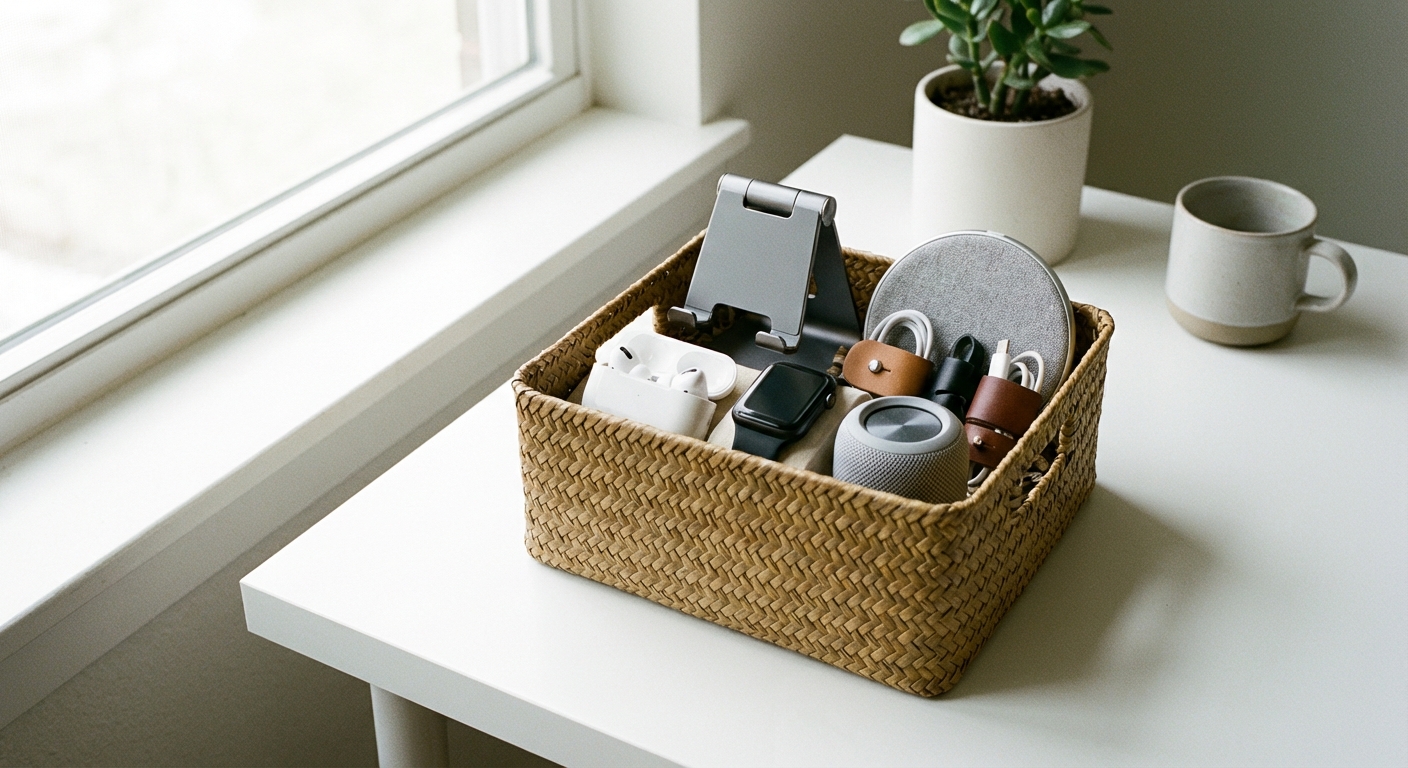 Tech and gadgets gift basket with smart devices and accessories