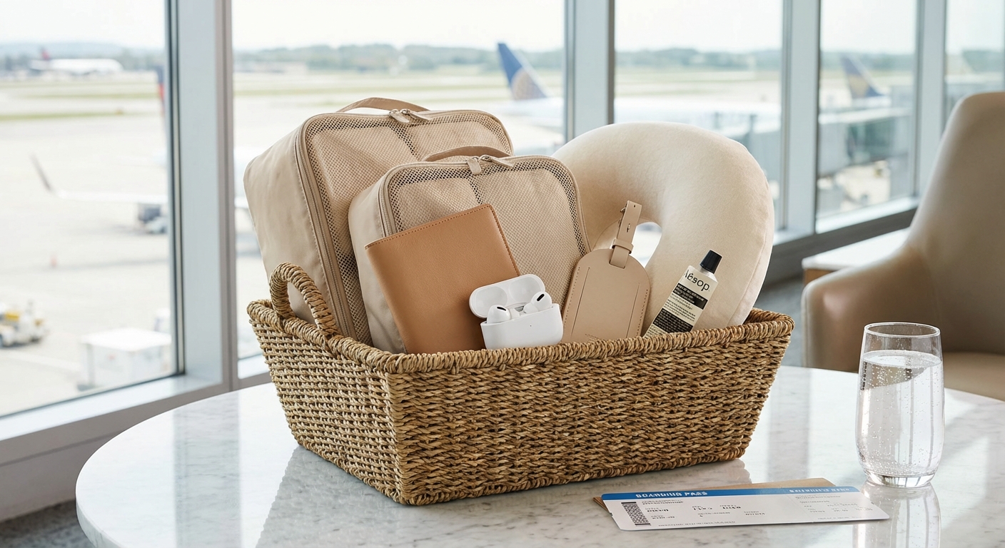 Travel gift basket with packing cubes and travel accessories