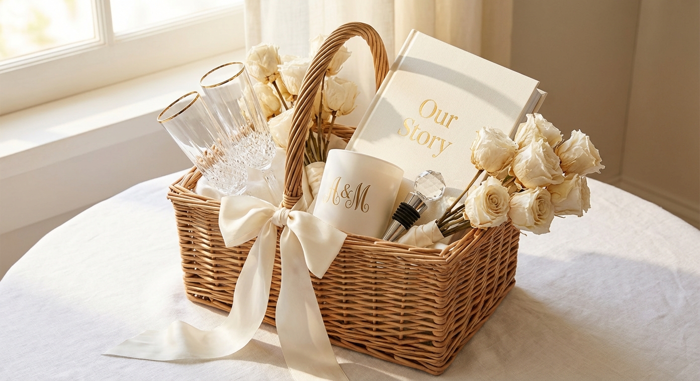 Wedding gift basket with champagne flutes and keepsakes