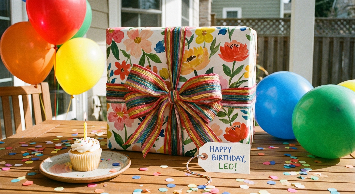 Birthday gift ideas — wrapped present, balloons, and confetti