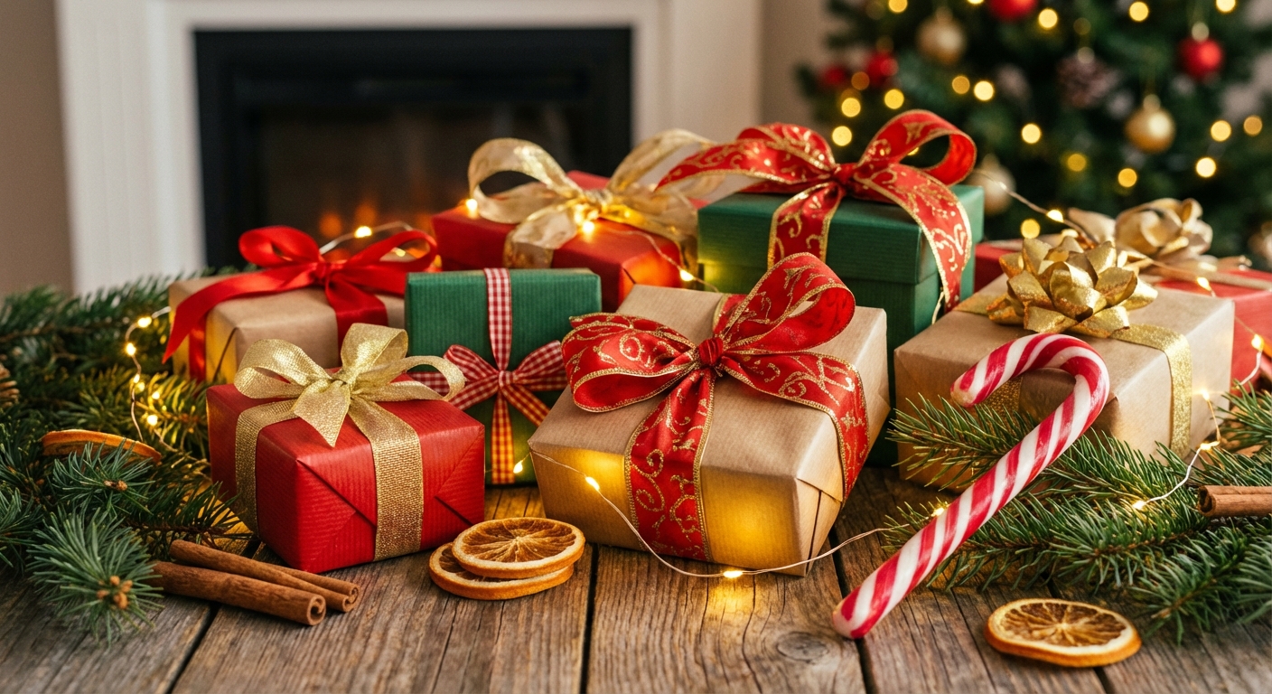Christmas gift ideas — wrapped presents and holiday decor