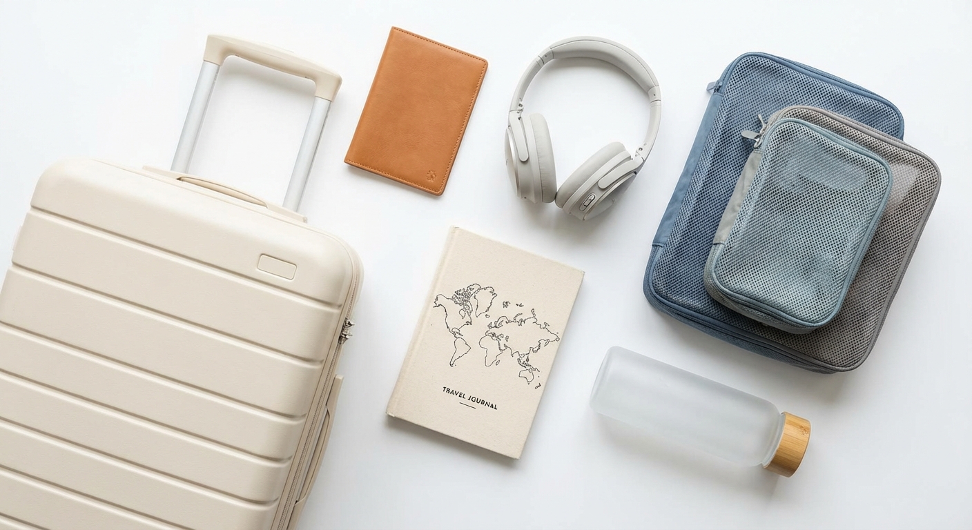 Travel gift ideas — passport holder, earbuds, and luggage
