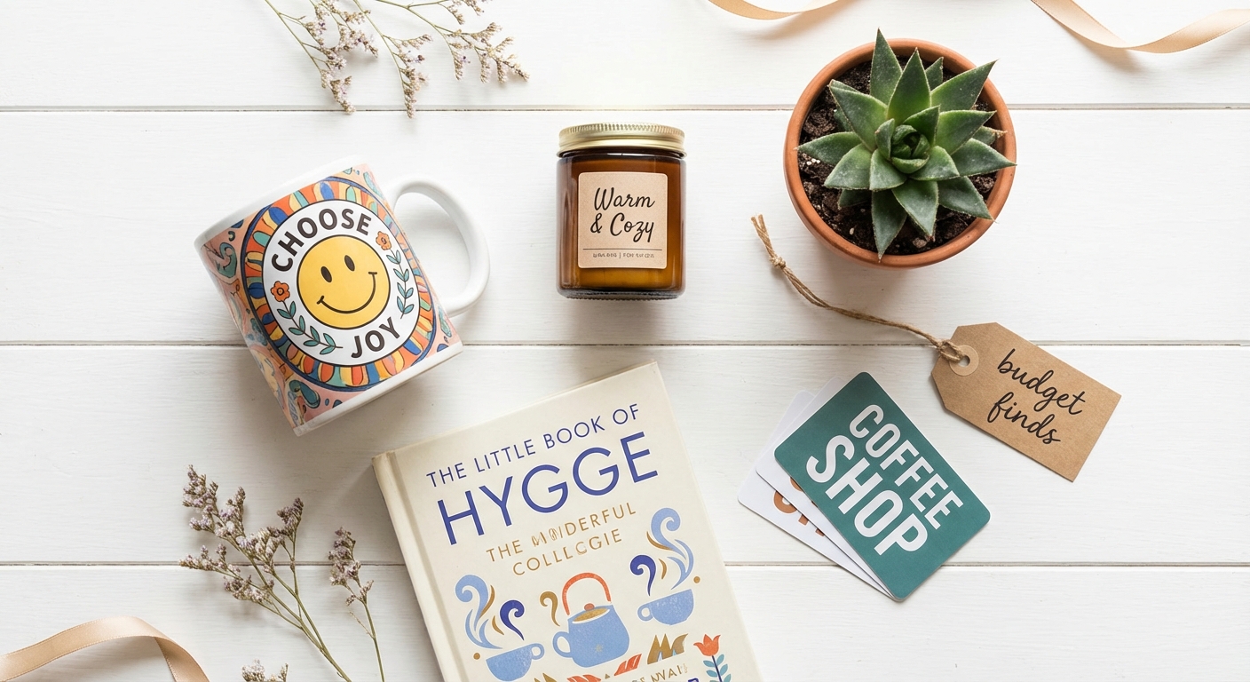 Gifts under $50 — candle, book, mug, and plant